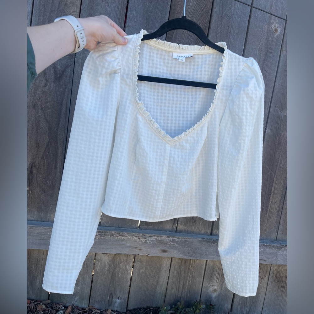 Topshop White Gingham crop Blouse with Ruffle Trim